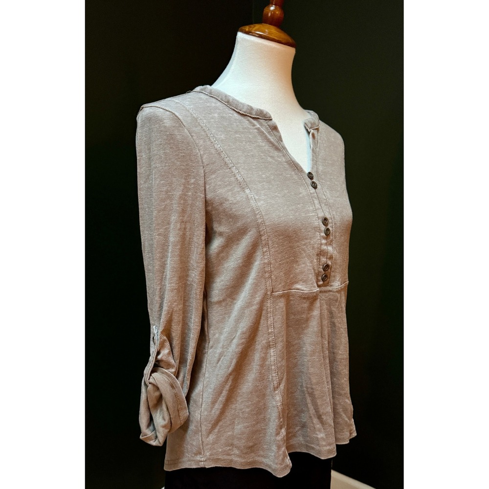Jane + Delancy Taupe Ribbed Henley Long Sleeve Tunic Top Women's M - Picture 3 of 7